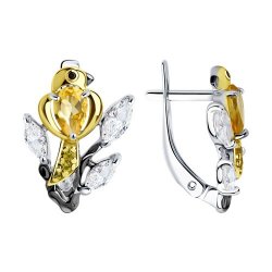 Серьги из серебра с камнями Фианит, Фианит Жёлтый и Фианит Чёрный