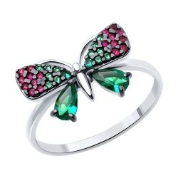 Кольцо из серебра с камнями Фианит Зелёный, Корунд в цвете рубина