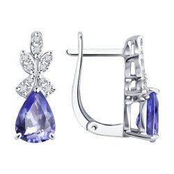 Серьги из белого золота с камнями Бриллиант, Танзанит