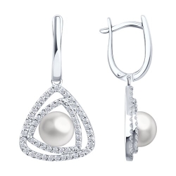 Cercei Suspendați din aur alb cu pietre Cubic Zirconia Incolor, Perla Albă