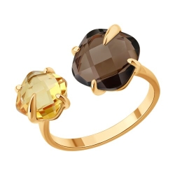 Кольцо из красного золота с камнями Кварц дымчатый , Цитрин
