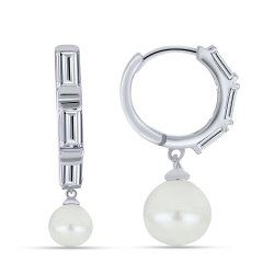 Cercei Creole din argint  cu pietre Cubic Zirconia Incolor, Perla Albă