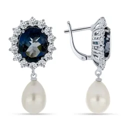 Cercei Suspendați din argint cu Cubic Zirconia Incolor, Topaz London și Perla Albă