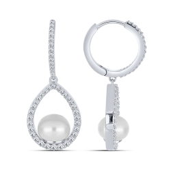 Cercei Creole din argint  cu pietre Cubic Zirconia Incolor, Perla Albă