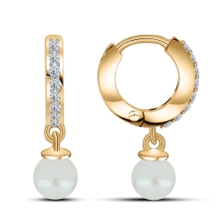 Cercei Creole din aur roșu cu pietre Cubic Zirconia Incolor, Perla Albă