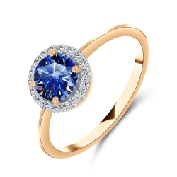 Inel din aur roșu cu pietre Moissanite, Moissanit albastru safir
