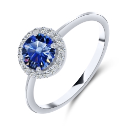 Inel din aur alb cu pietre Moissanite, Moissanit albastru safir