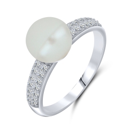 Inel din aur alb cu pietre Cubic Zirconia Incolor, Perla Albă