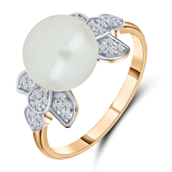 Inel din aur roșu cu pietre Cubic Zirconia Incolor, Perla Albă