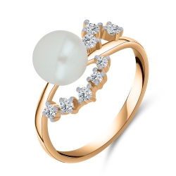 Inel din aur roșu cu pietre Cubic Zirconia Incolor, Perla Albă