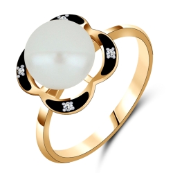 Inel din aur roșu cu pietre Cubic Zirconia Incolor, Perla Albă și Emailare Neagra