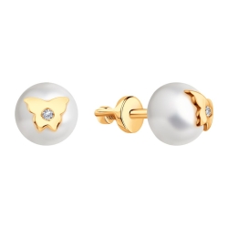 Серьги Пусеты из красного золота с камнями Фианит, Жемчуг белый