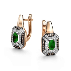 Серьги из красного золота с камнями Бриллиант, Бриллиант коньяк и Изумруд