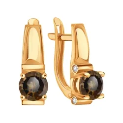 Серьги из красного золота с камнями Фианит, Кварц дымчатый
