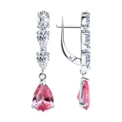 Серьги Длинные из серебра с камнями Фианит, Фианит Розовый