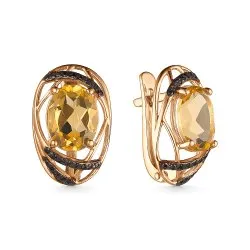 Серьги из красного золота с камнями Фианит Коричневый, Цитрин