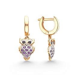 Серьги Длинные из красного золота с камнями Фианит Сиреневый, Фианит Чёрный