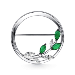 Брошь из серебра с камнями Фианит, Агат зеленый