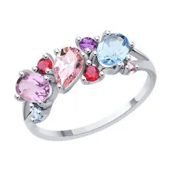 Inel din argint cu Cubic Zirconia Colorat, Corindon (rubin) și Topaz Swiss