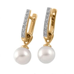 Серьги Длинные из красного золота с камнями Бриллиант, Жемчуг белый