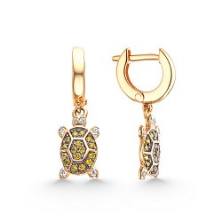 Серьги Длинные из красного золота с камнями Фианит, Фианит Зелёный