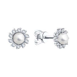 Cercei Pusete din aur alb cu pietre Cubic Zirconia Incolor, Perla Albă