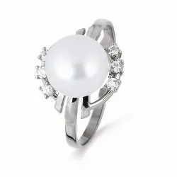 Inel din aur alb cu Cubic Zirconia Incolor, Perla Albă