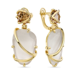Cercei Suspendați din aur galben cu pietre Piatra Lunii, Cuarț lemon