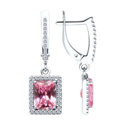 Серьги Длинные из серебра с камнями Фианит, Фианит Розовый