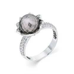 Inel din aur alb cu Diamant, Perla de mare Neagră
