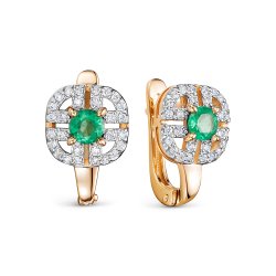 Серьги из красного золота с камнями Бриллиант, Изумруд