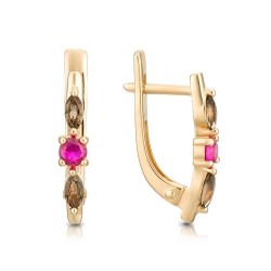 Серьги из красного золота с камнями Корунд в цвете рубина, Кварц дымчатый