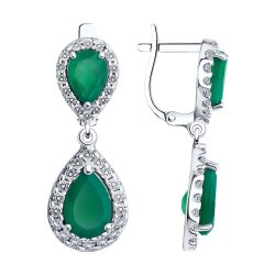 Серьги Длинные из серебра с камнями Фианит, Агат зеленый