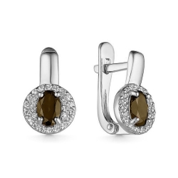 Серьги из белого золота с камнями Фианит, Кварц дымчатый