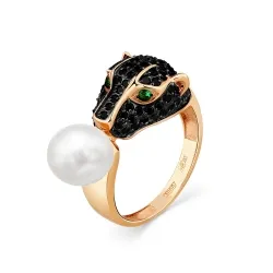 Inel din aur roșu cu Cubic Zirconia Negru, Cubic Zirconia Verde și Perla Albă