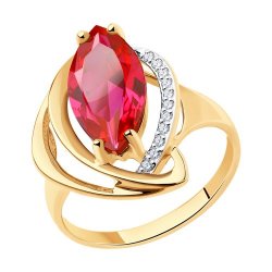 Кольцо из красного золота с камнями Фианит, Корунд в цвете рубина