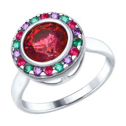 Кольцо из серебра с камнями Фианит Зелёный, Swarovski Zirconia красный и Корунд в цвете рубина