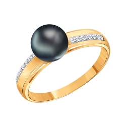 Inel din aur roșu cu pietre Cubic Zirconia Incolor, Perla neagră