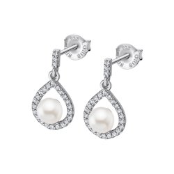 Cercei Pusete din argint  cu pietre Cubic Zirconia Incolor, Perla Albă