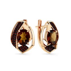 Серьги из красного золота с камнями Фианит Красный, Кварц коньячный