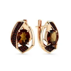 Серьги из красного золота с камнями Фианит Красный, Кварц коньячный