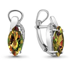 Серьги из белого золота с камнями Фианит, Султанит (синт.)