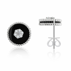 Cercei Pusete din aur alb cu pietre Diamant, Onix negru