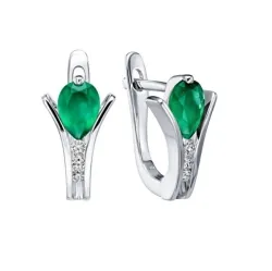 Серьги из белого золота с камнями Бриллиант, Агат зеленый